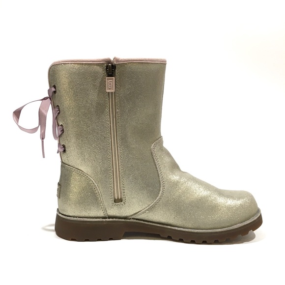 UGG CORENE METALLIC SATIN LACE BOOT -SOFT GOLD SUEDE -YOUTH US 5 -NEW - Picture 7 of 8